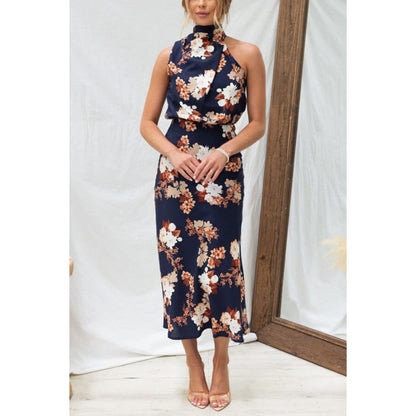 Dames Hoge Hals Blauw Bloemen Jurk | Elegant
