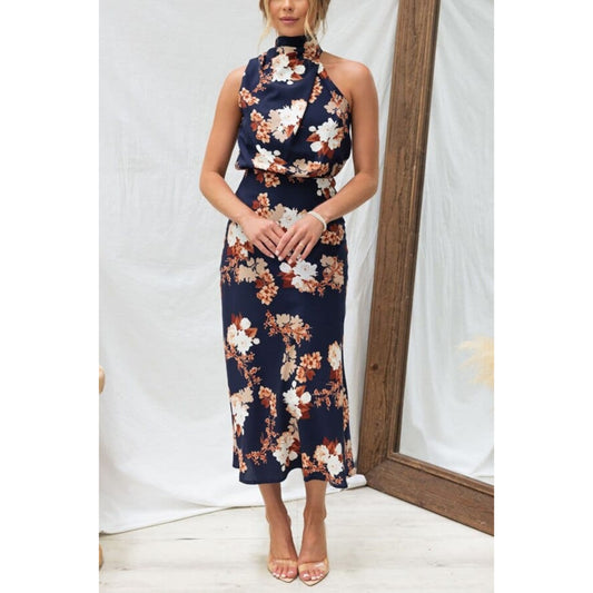 Dames Hoge Hals Blauw Bloemen Jurk | Elegant