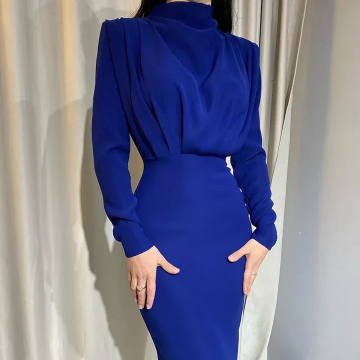 Dames Lange Mouw Avond Midi Jurk | Elegant
