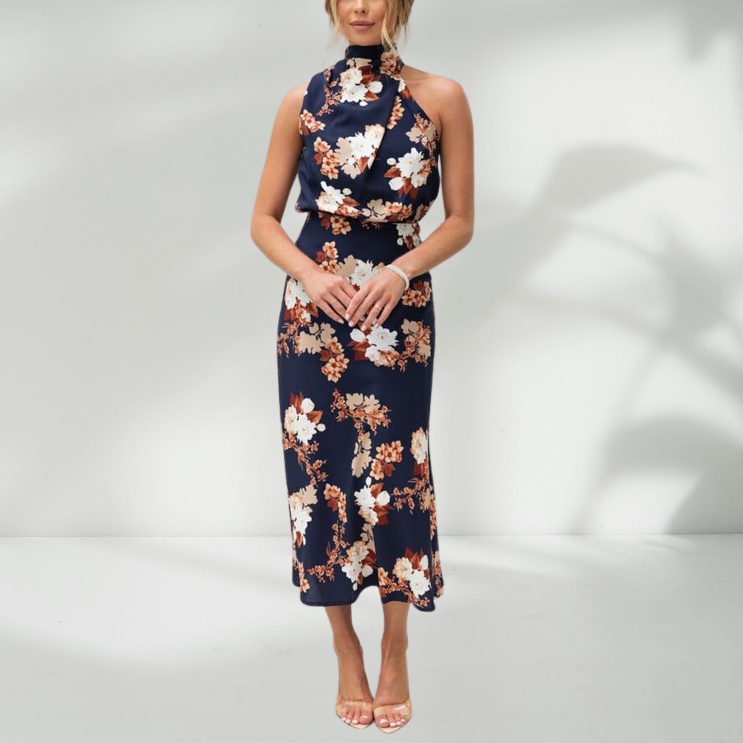 Dames Hoge Hals Blauw Bloemen Jurk | Elegant