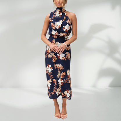 Dames Hoge Hals Blauw Bloemen Jurk | Elegant