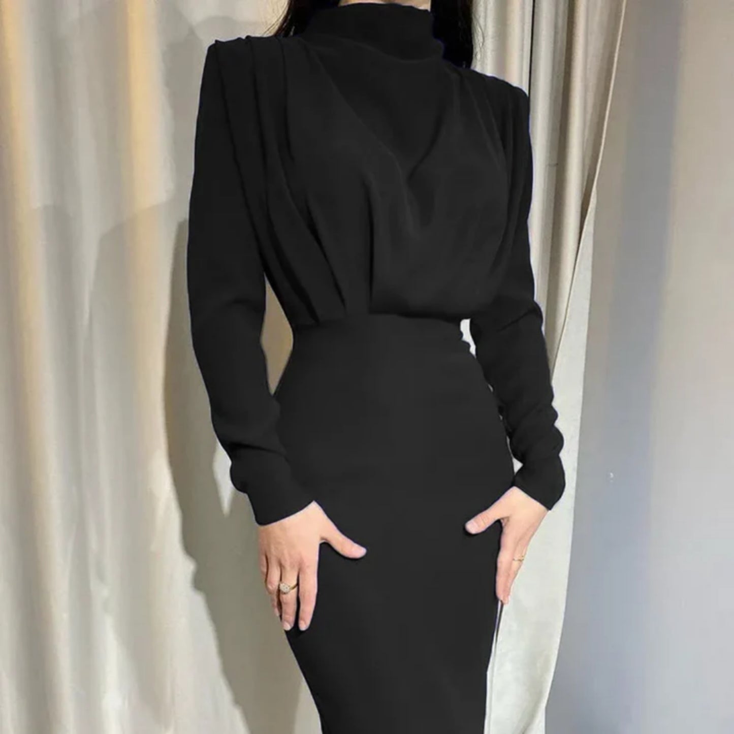 Dames Lange Mouw Avond Midi Jurk | Elegant