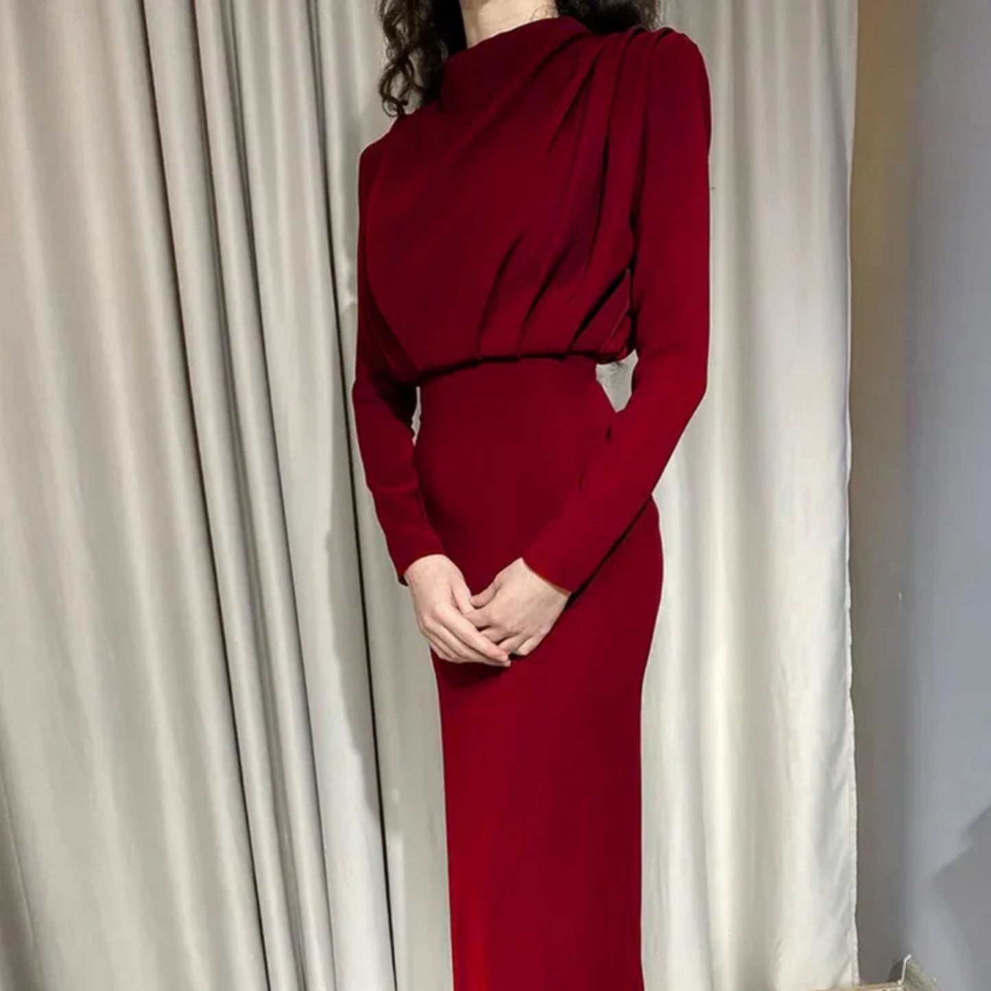 Dames Lange Mouw Avond Midi Jurk | Elegant