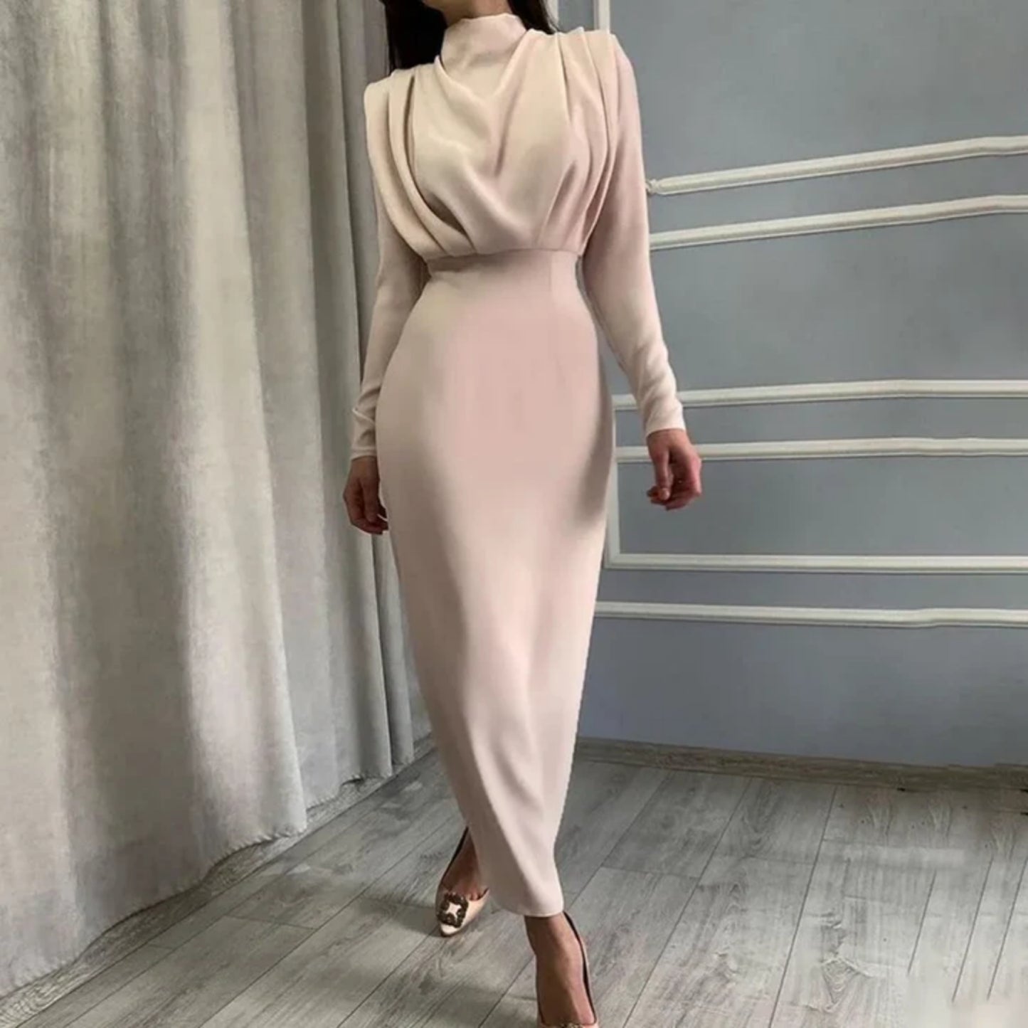 Dames Lange Mouw Avond Midi Jurk | Elegant