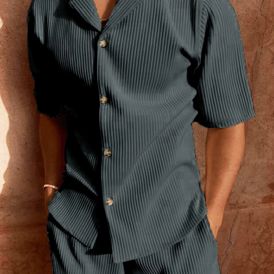 Heren Set Shirt en Broek – Relaxed Fit – Ademend Materiaal – Gestreept Ontwerp