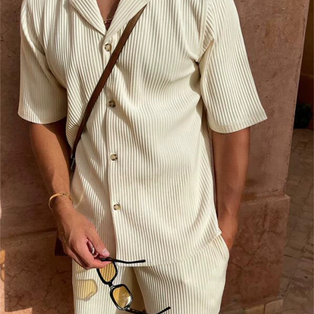 Heren Set Shirt en Broek – Relaxed Fit – Ademend Materiaal – Gestreept Ontwerp
