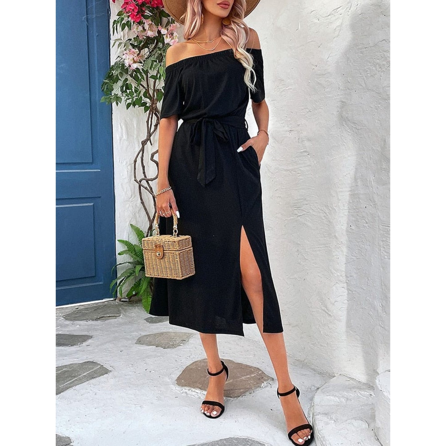 Dames Zwarte Midi Jurk | Off-Shoulder