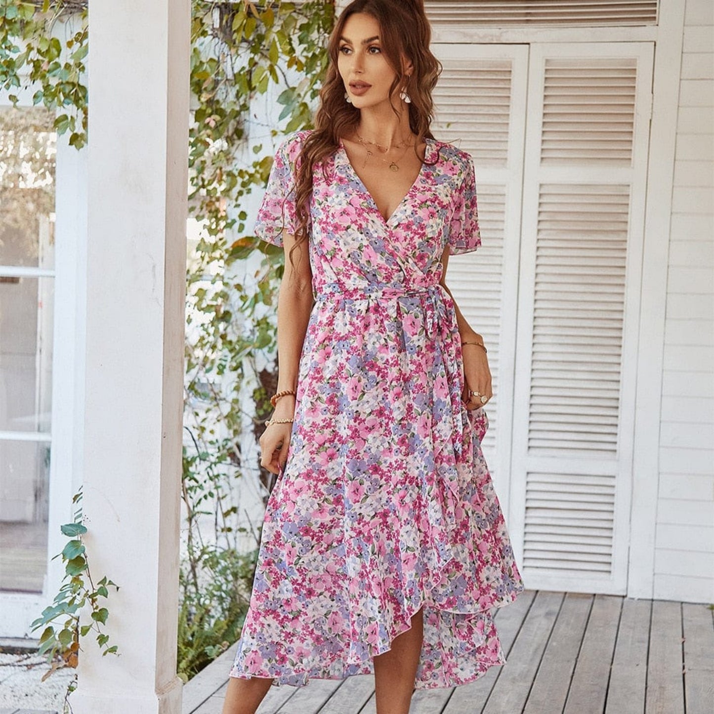 Dames Bohemien Midi Jurk | Roze Bloemenprint
