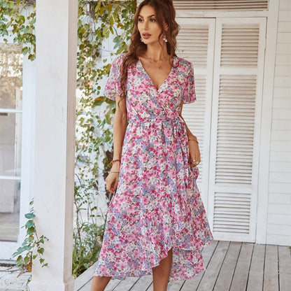 Dames Bohemien Midi Jurk | Roze Bloemenprint