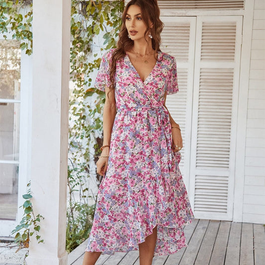 Dames Bohemien Midi Jurk | Roze Bloemenprint