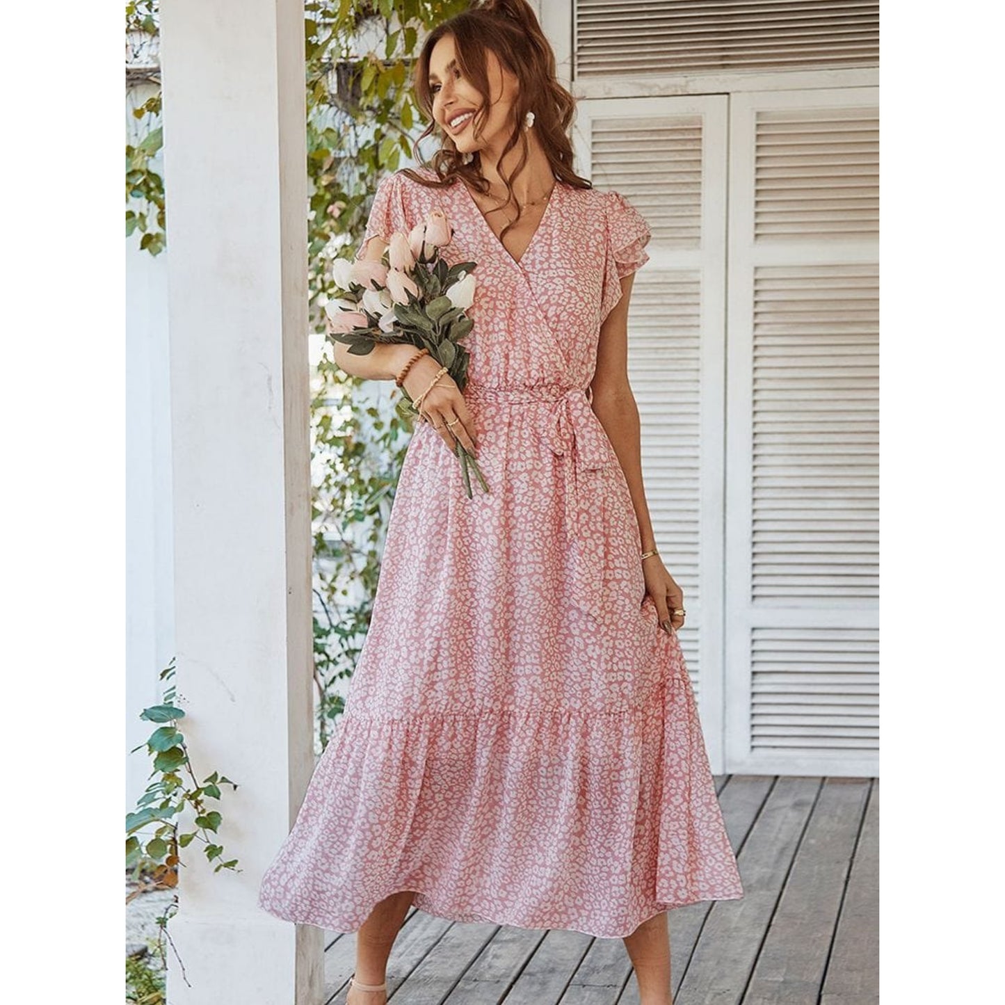Dames Bloemen Maxi Jurk Chic | Korte Mouwen