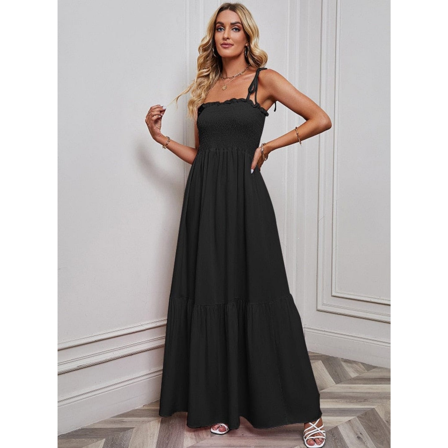 Dames Spaghetti Bandjes Zwarte Jurk | Simpele Maxi