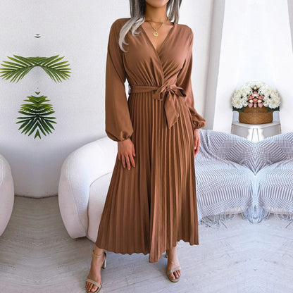 Dames V-Hals Feestelijke Maxi Jurk | Bruine Bohemien Stijl