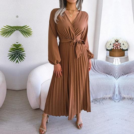 Dames V-Hals Feestelijke Maxi Jurk | Bruine Bohemien Stijl