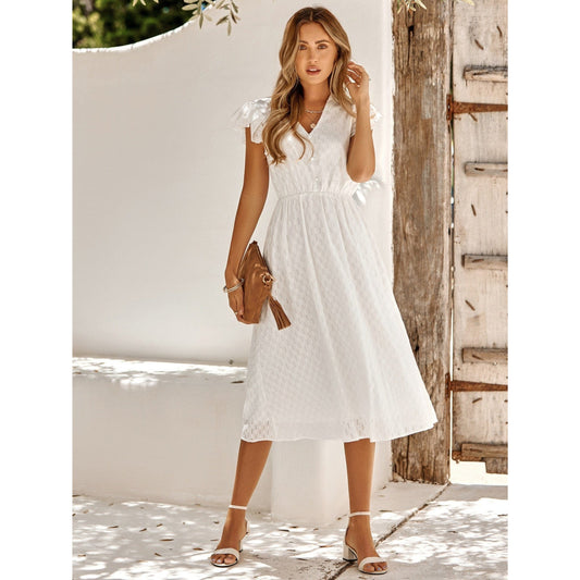 Dames V-Hals Midi Jurk | Korte Mouwen