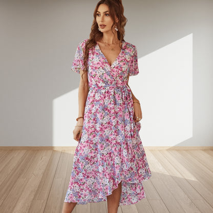 Dames Bohemien Midi Jurk | Roze Bloemenprint