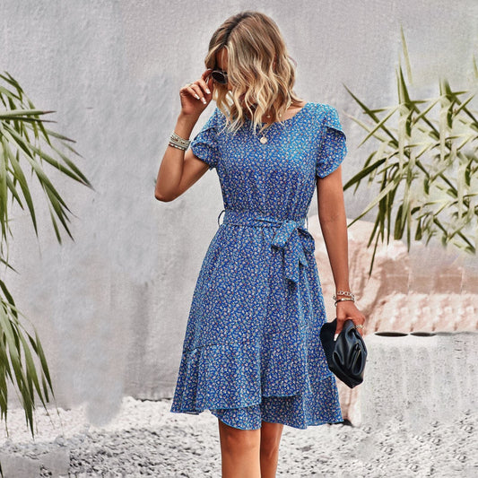 Dames Bohemien Blauwe Korte Jurk | Bloemenprint