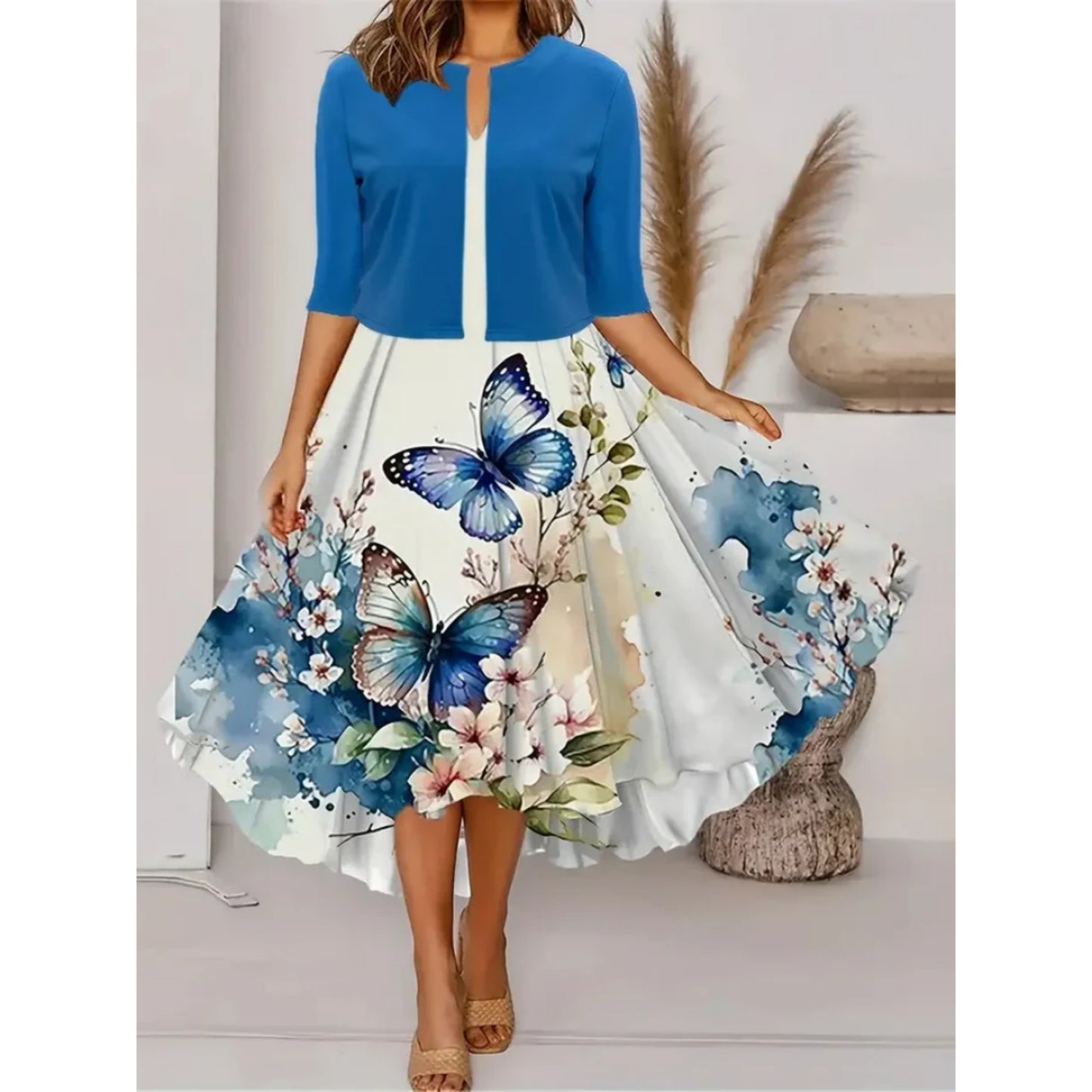 Dames Midi Bruiloft Gast Jurk met Blazer | Bloemendessin