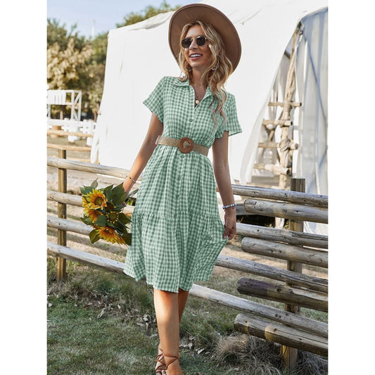Dames Witte en Groene Blokken Jurk | Ibiza Midi Stijl