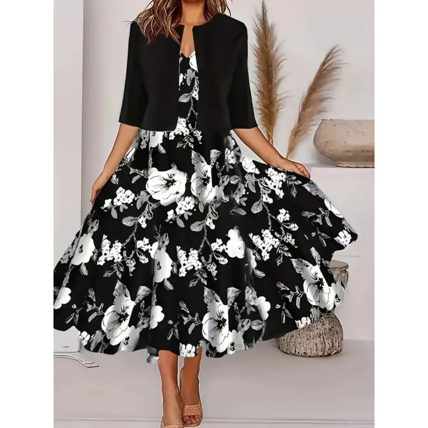 Dames Midi Bruiloft Gast Jurk met Blazer | Bloemendessin