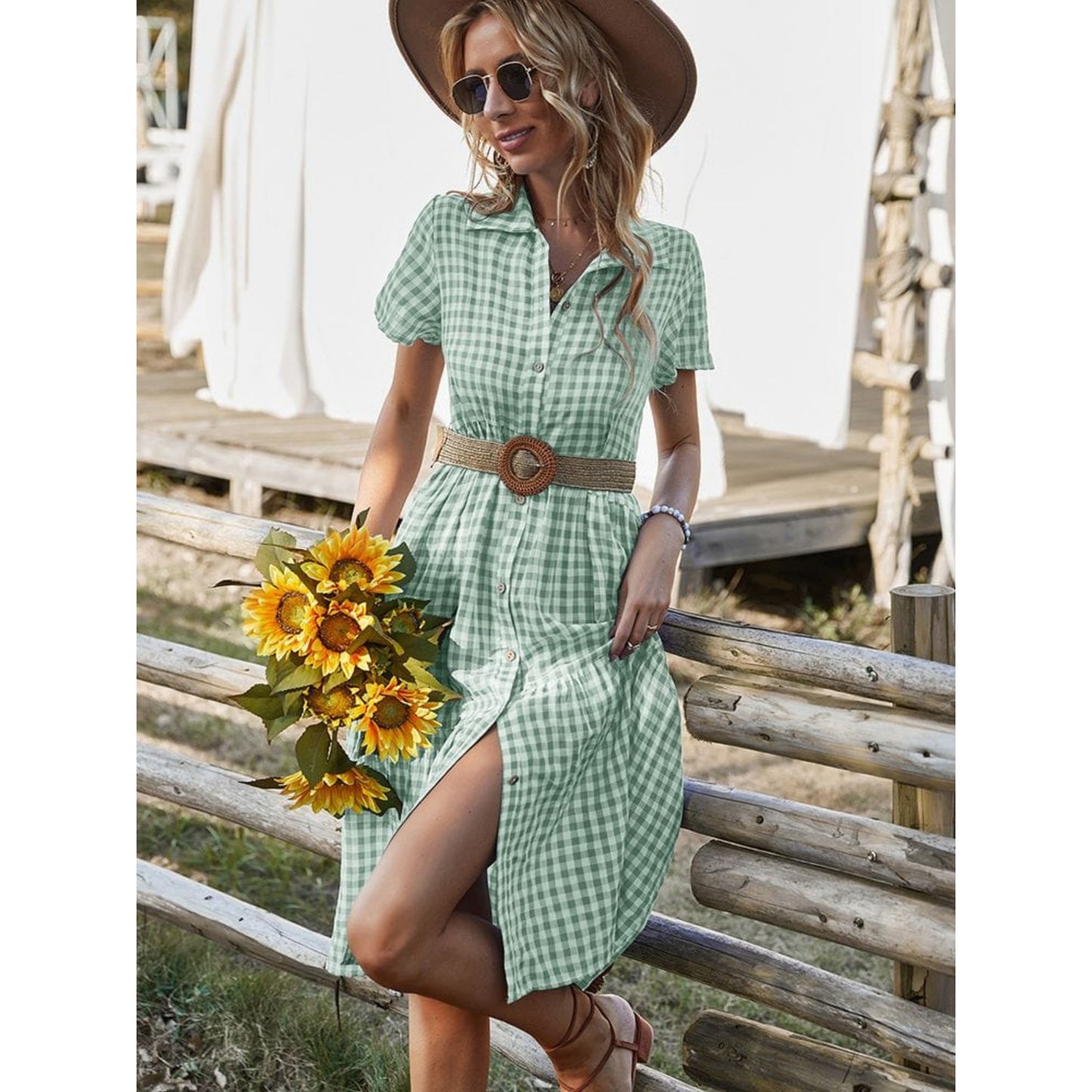 Dames Witte en Groene Blokken Jurk | Ibiza Midi Stijl
