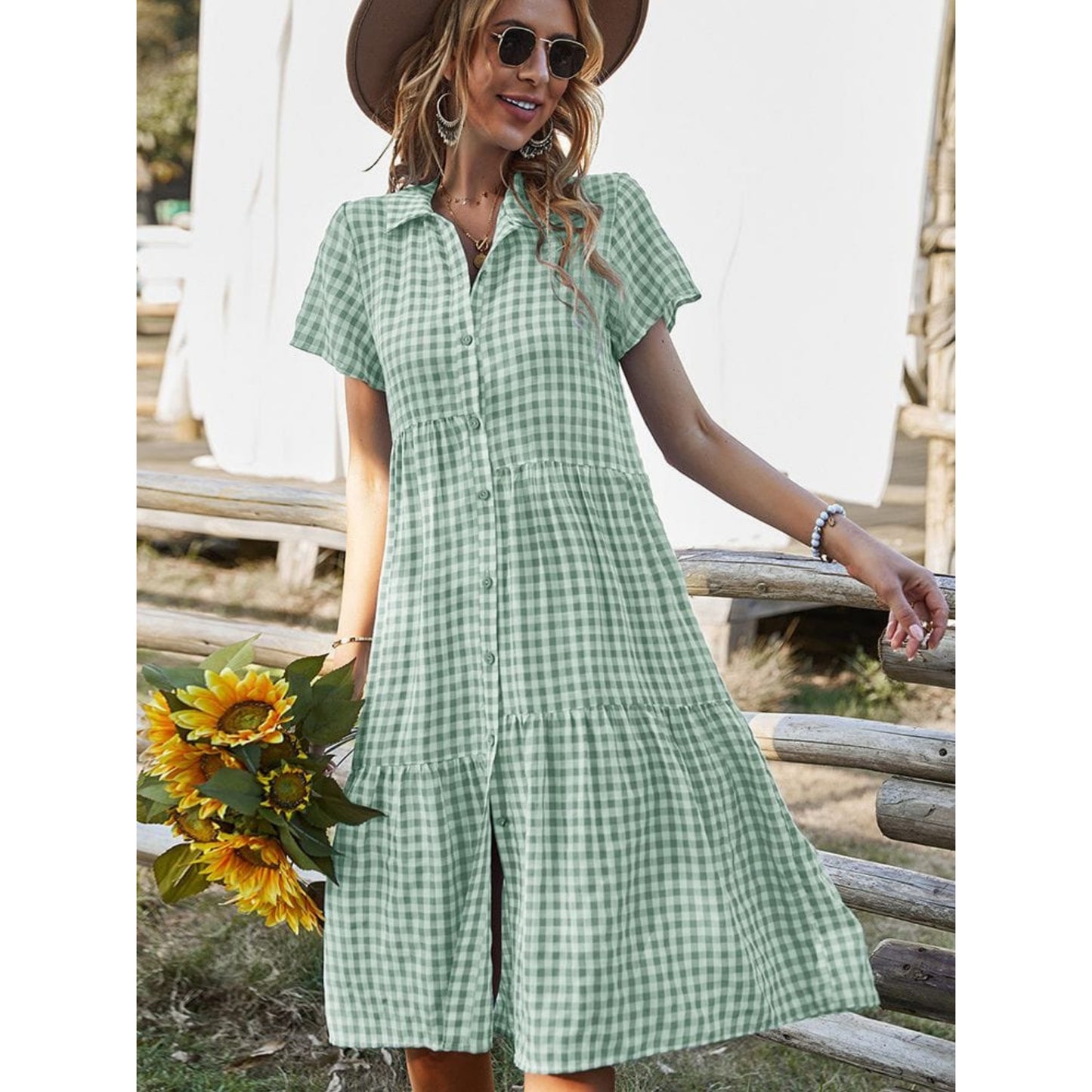 Dames Witte en Groene Blokken Jurk | Ibiza Midi Stijl