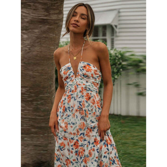 Dames Party Bruiloft Gasten Jurk | Oranje Bloemenprint