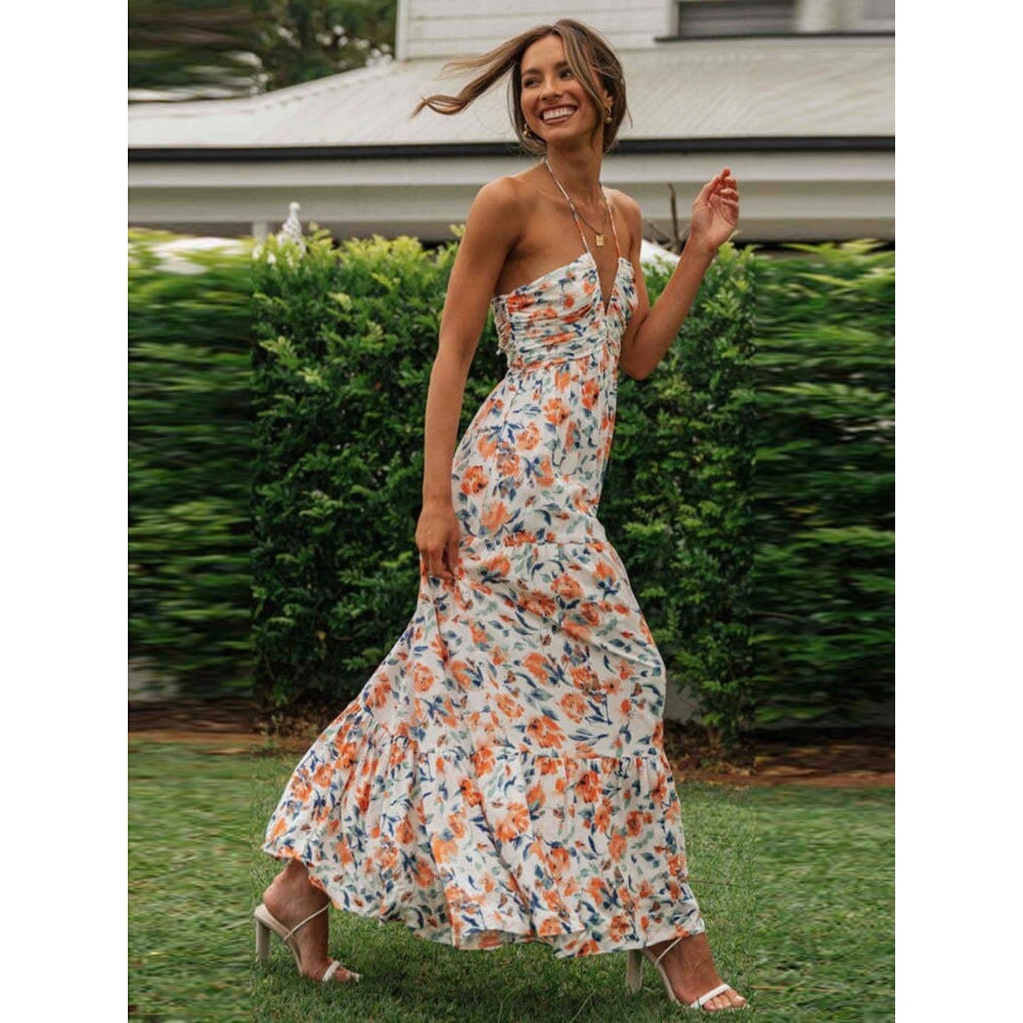 Dames Party Bruiloft Gasten Jurk | Oranje Bloemenprint