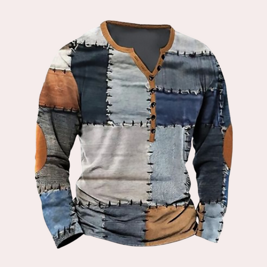Heren Trui – Regular Fit – Cottonmix – Patchwork – Knoopsluiting – Henley Halslijn
