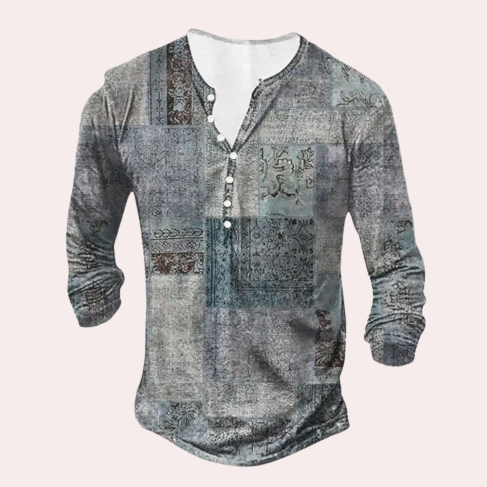 Heren Trui – Regular Fit – Cottonmix – Patchwork – Knoopsluiting – Henley Halslijn
