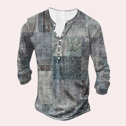 Heren Trui – Regular Fit – Cottonmix – Patchwork – Knoopsluiting – Henley Halslijn