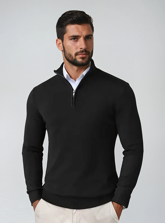 Heren Pullover – Regular Fit – Katoenmix – Zipkraag – Geribde Boorden