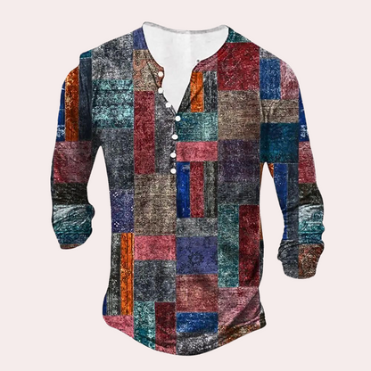 Heren Trui – Regular Fit – Cottonmix – Patchwork – Knoopsluiting – Henley Halslijn