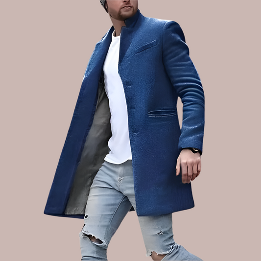 Heren Overcoat – Gestructureerde Pasvorm – Wol – Verborgen Knopen – Hoge Kraag