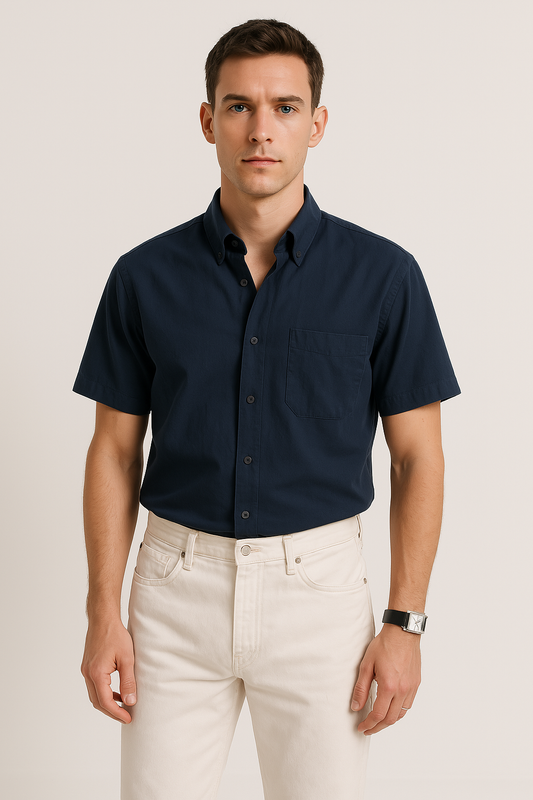 Heren Overhemd Korte Mouw – Relaxed Fit – Katoen – Button-Down met Borstzak