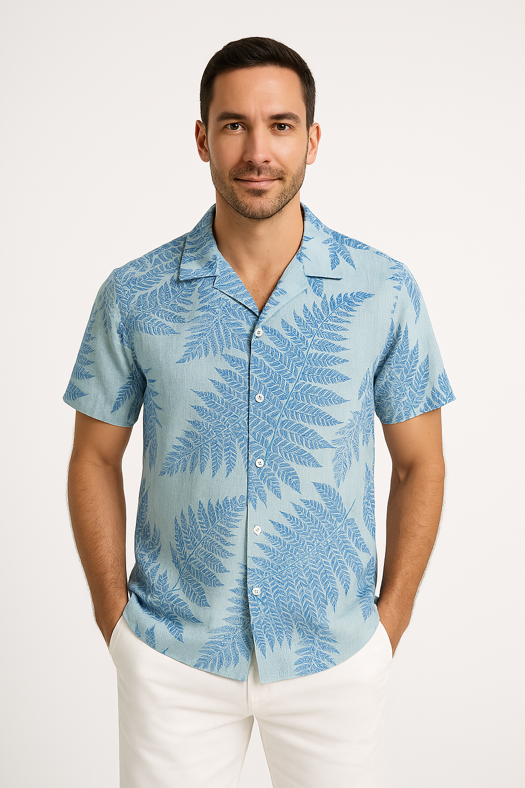 Heren Overhemd Korte Mouw – Relaxed Fit – Ademend – Bladerenprint – Casual Style
