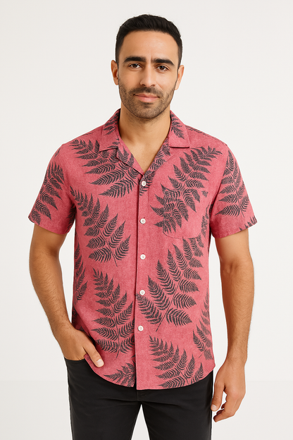 Heren Overhemd Korte Mouw – Relaxed Fit – Ademend – Bladerenprint – Casual Style