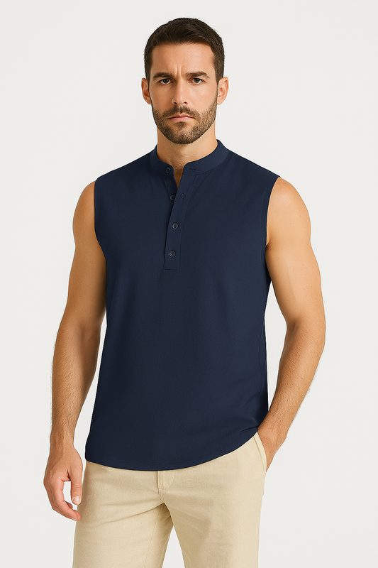 Heren Gilet – Casual Pasvorm – Katoenmix – Mandarin Kraag – Half Knoopsluiting
