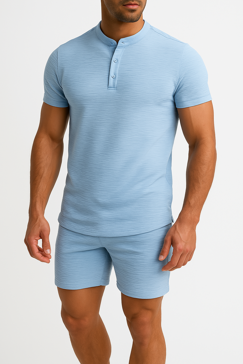 Heren Set – Linnen Katoen – Slim Fit Henley Shirt & Relaxte Korte Broek