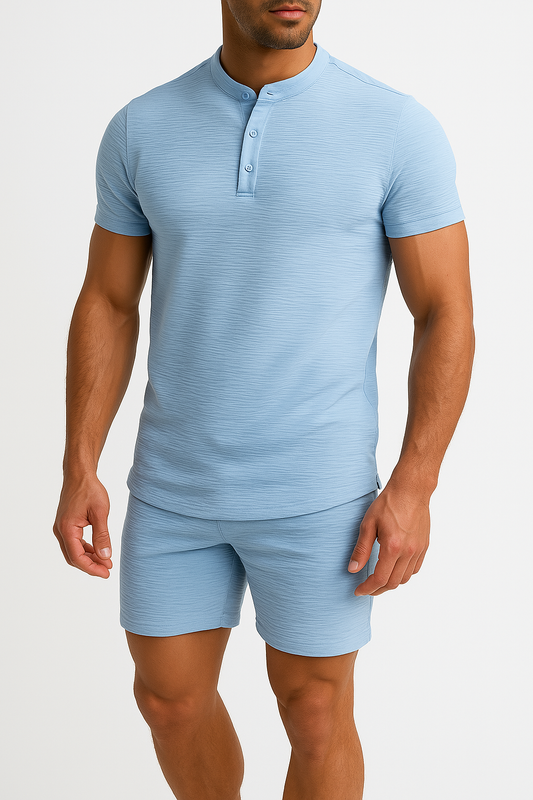 Heren Set – Linnen Katoen – Slim Fit Henley Shirt & Relaxte Korte Broek