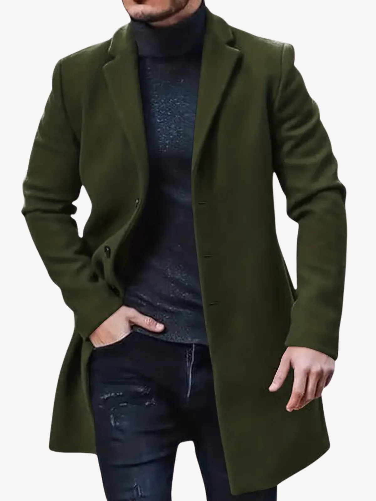 Heren Trenchcoat – Tailored Fit – Wol Look – Mid-Lang – Notch Revers – 3-Knoopsluiting
