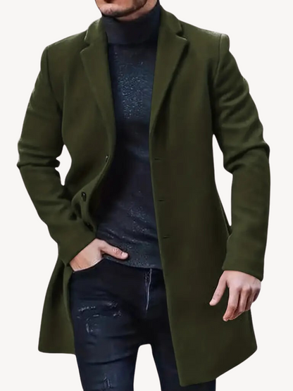 Heren Trenchcoat – Tailored Fit – Wol Look – Mid-Lang – Notch Revers – 3-Knoopsluiting