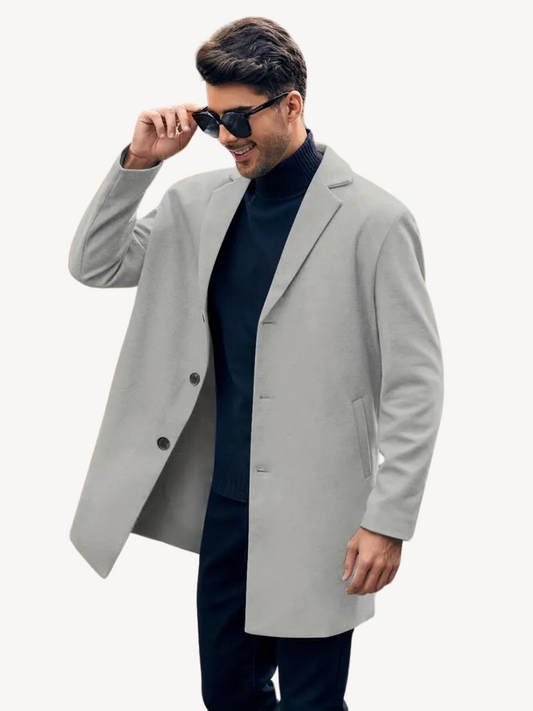 Heren Trenchcoat – Tailored Fit – Wol Look – Mid-Lang – Notch Revers – 3-Knoopsluiting