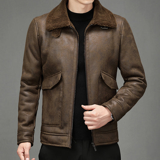 Heren Jack – Lederlook – Shearling Kraag – Structuurpasvorm – Rits – Klepzakken