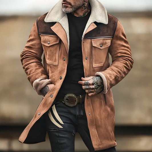 Heren Shearling Jas – Getailleerd Suèdelook – Midilengte – Shearling Kraag en Manchetten