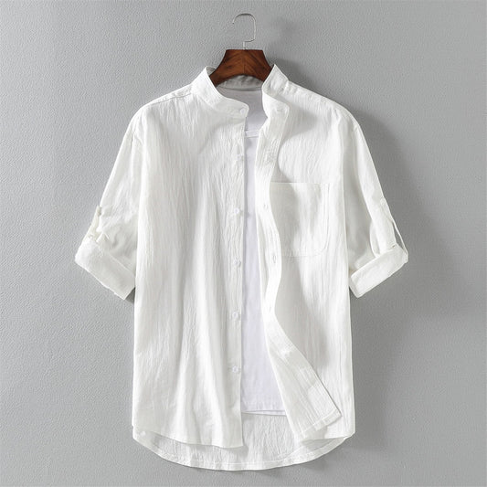 Heren Overhemd Korte Mouw – Linnenmix – Relaxed Fit – Mandarin Kraag – Casual Style