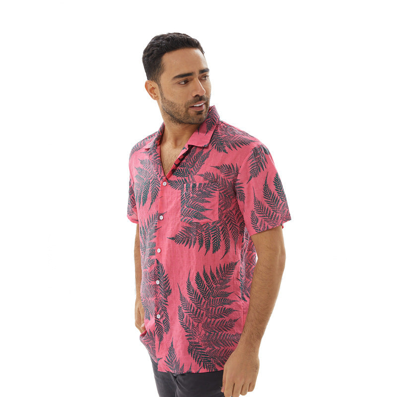 Heren Overhemd Korte Mouw – Relaxed Fit – Ademend – Bladerenprint – Casual Style