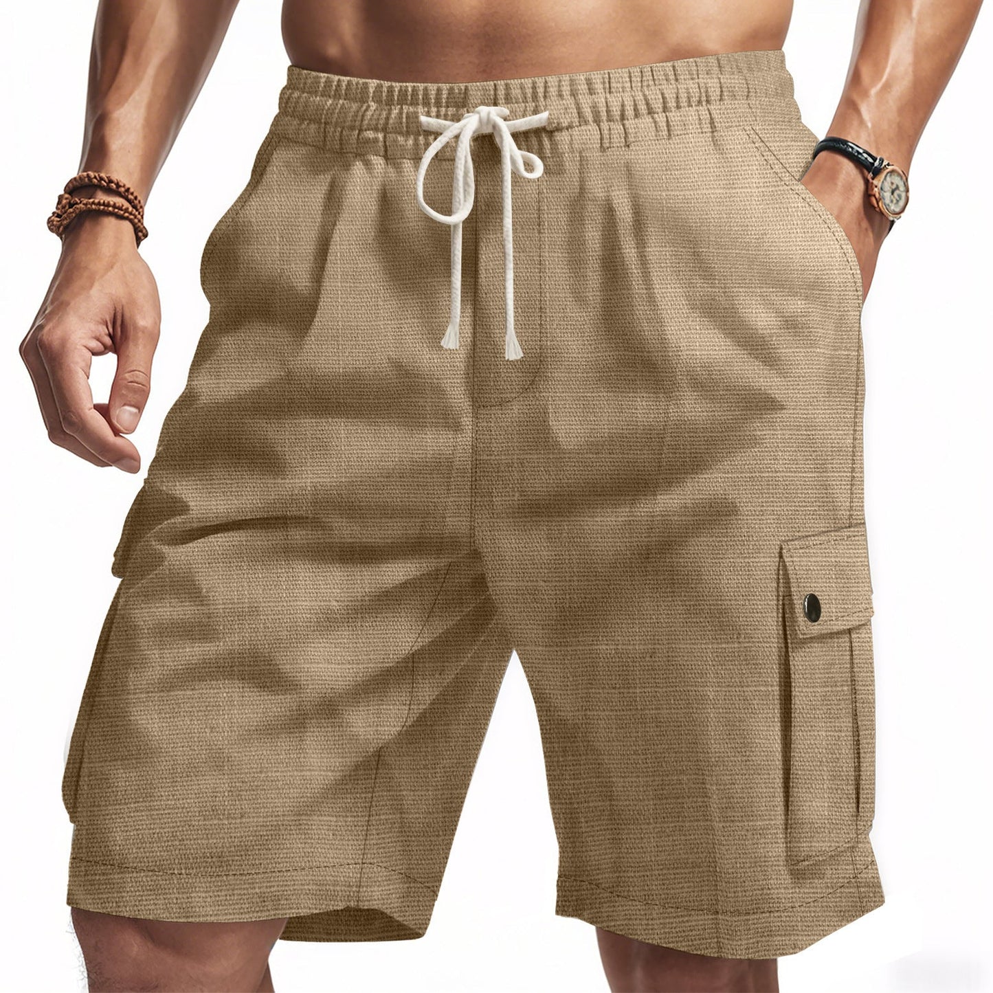 Heren cargo short – Relaxed fit – Linnen look – Elastische taille – Multizak ontwerp