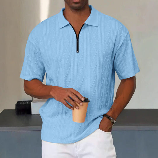 Heren Polo Shirt – Relaxed Fit – Zacht Breisel – Zip Kraag – Kabelstructuur