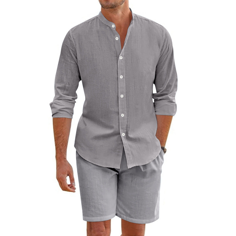 Heren Two-Piece Set – Linnen Mix – Relaxed Fit – Button-Up Shirt & Korte Broek